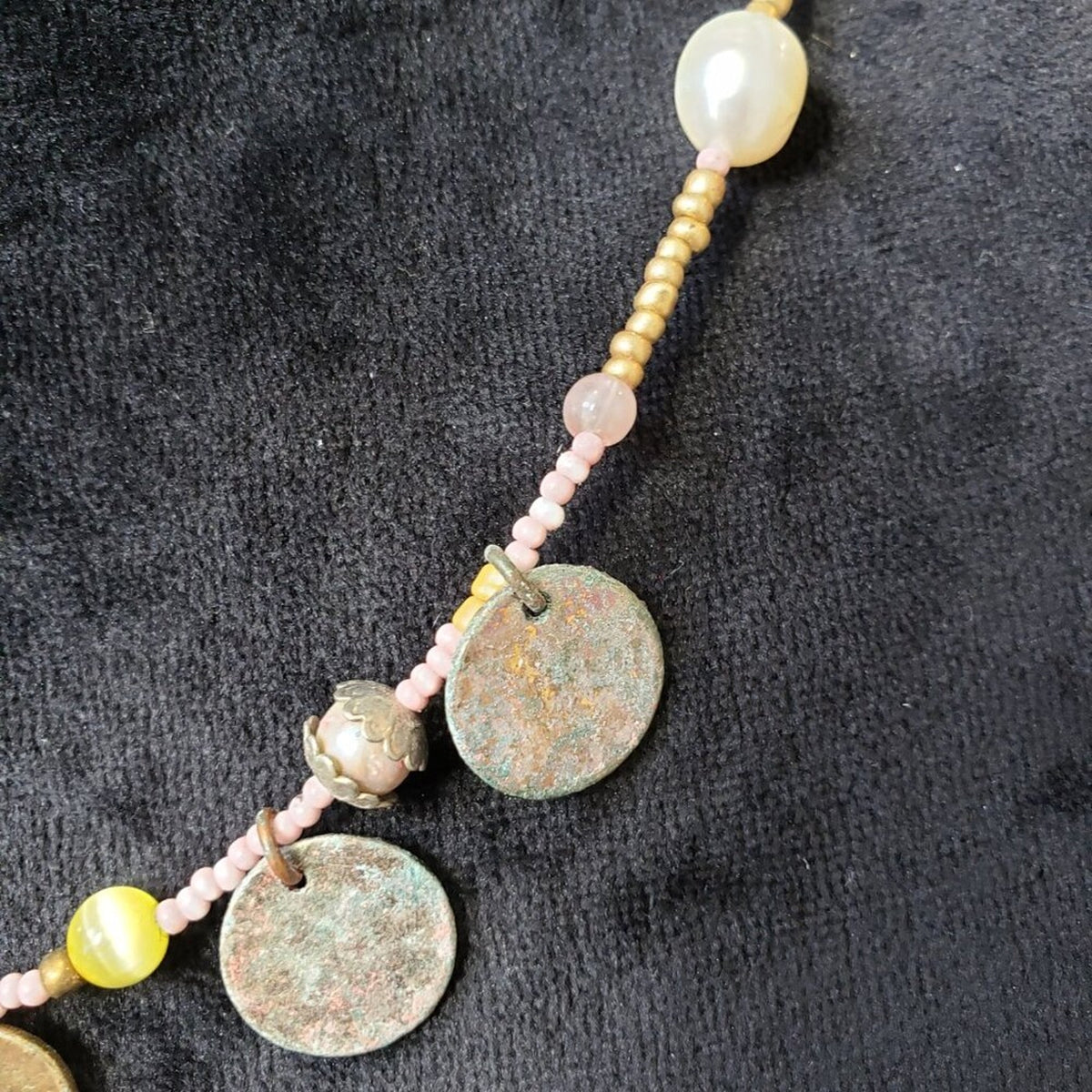 Womens Fashion Yellow Crystal Pink Pearl Beads Charm Necklace with Lobster Clasp