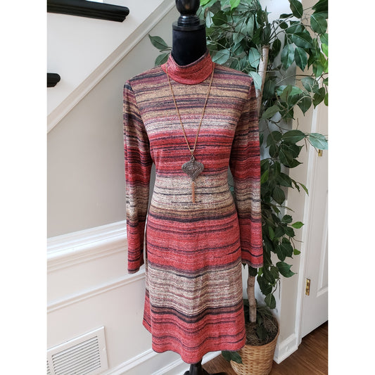 Chris McLaughlin Sweater Dress Women's 14 Multi Striped Mock Neck Keyhole Back
