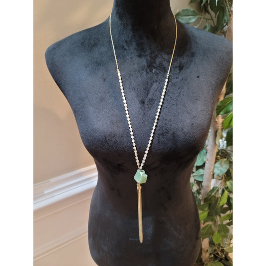 Women's Layered Beaded Necklace With Raw Green Stone And Lobster Clasp