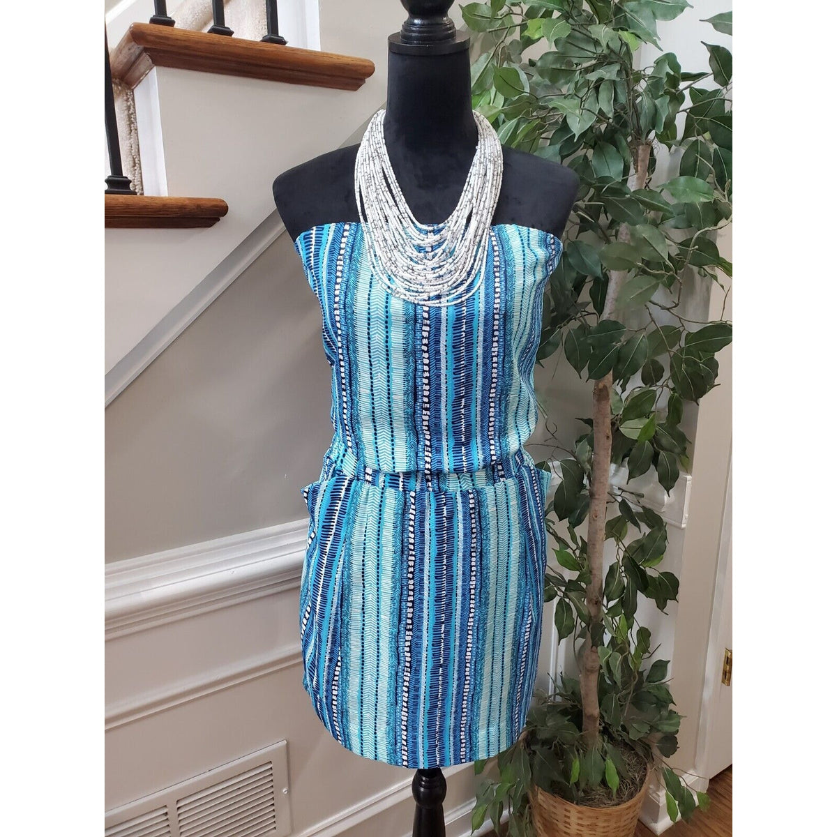 Aqua Women's Blue & White 100% Polyester Off The Shoulder Knee Length Dress M