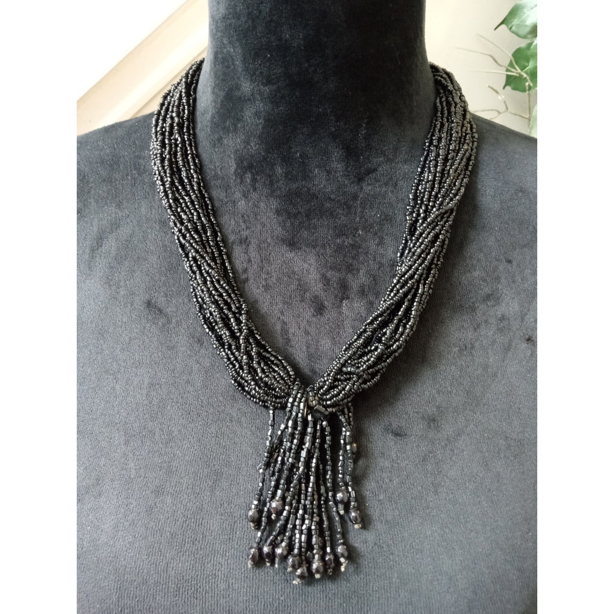 Black Multi Strand Seed Bead Necklace Twisted Tassel Statement Bib Collar