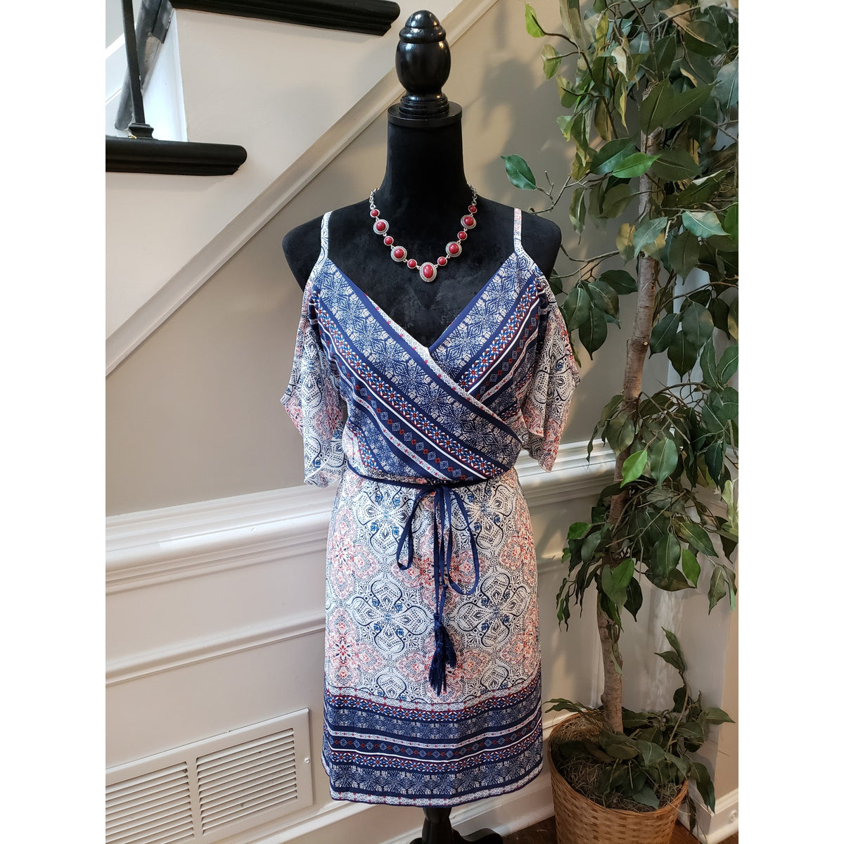 Maurices Dress Women Size X-L Blue Pink Boho Cold Shoulder Wrap Belted