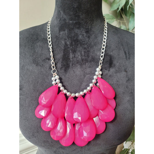 Women's Statement Necklace Pink Teardrop Beads with Silver Lobster Clasp Chain