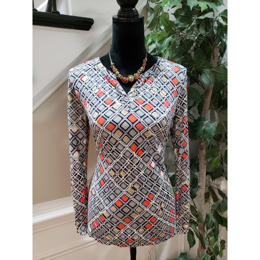 Liz Claiborne Womens Multi Geometric Print Long Sleeve V Neck Top Blouse Small
