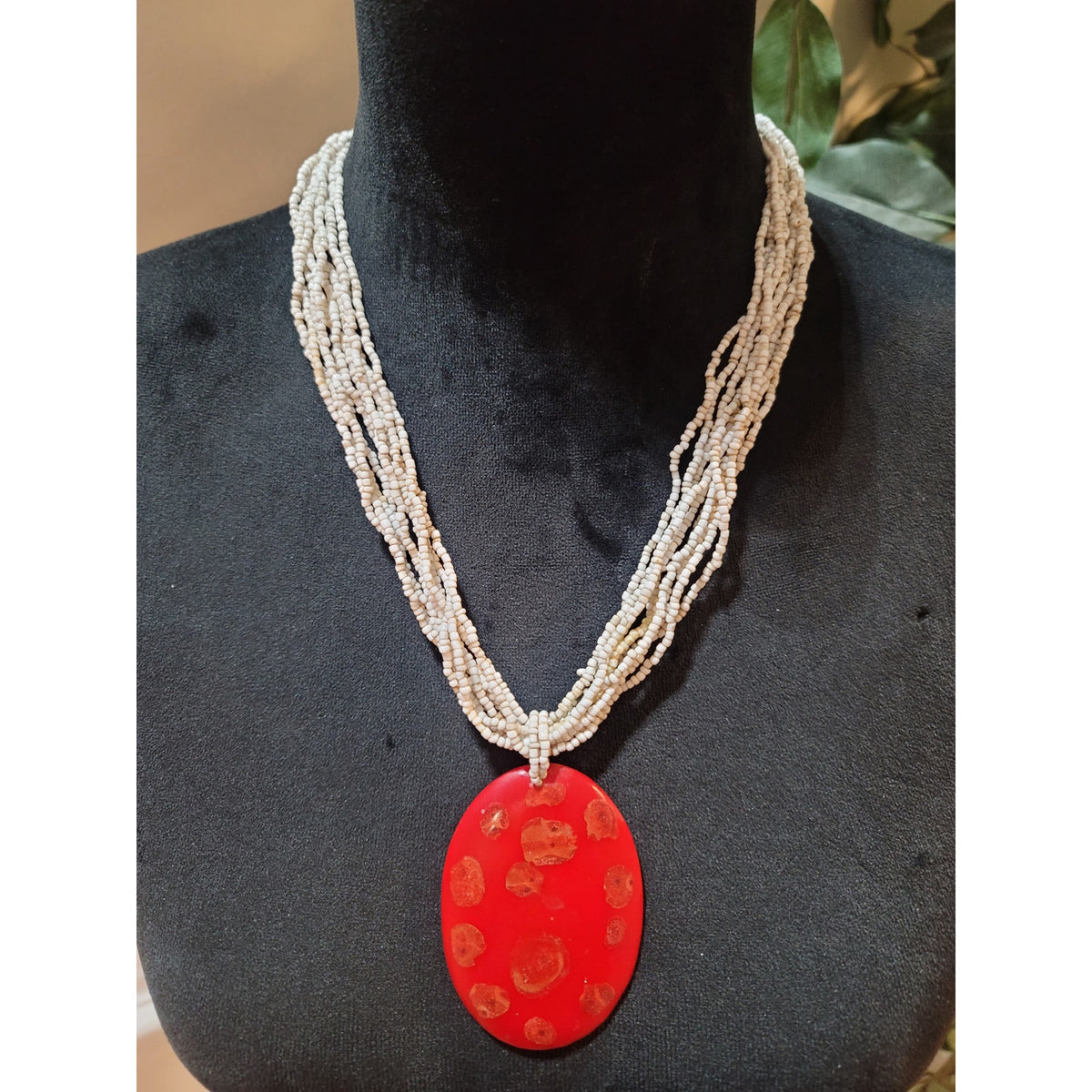 Womens White Beaded Necklace With Large Red Oval Pendant And Button Lock Jewelry