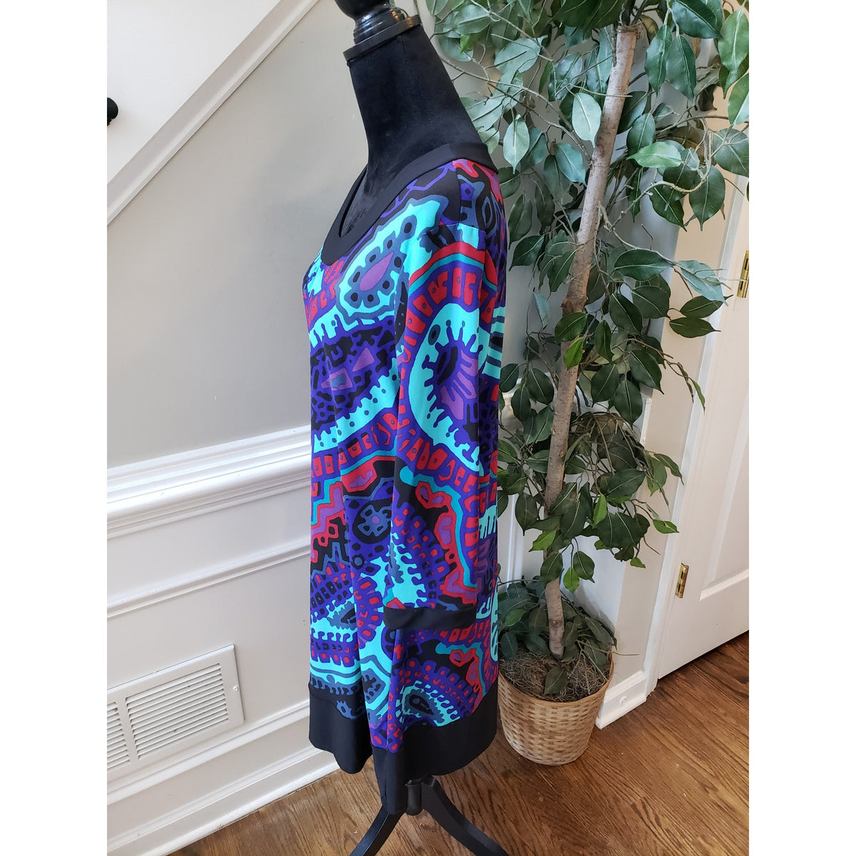 Kupcake Shift Dress Women's Size Large Blue Black Round Neck Long Sleeve