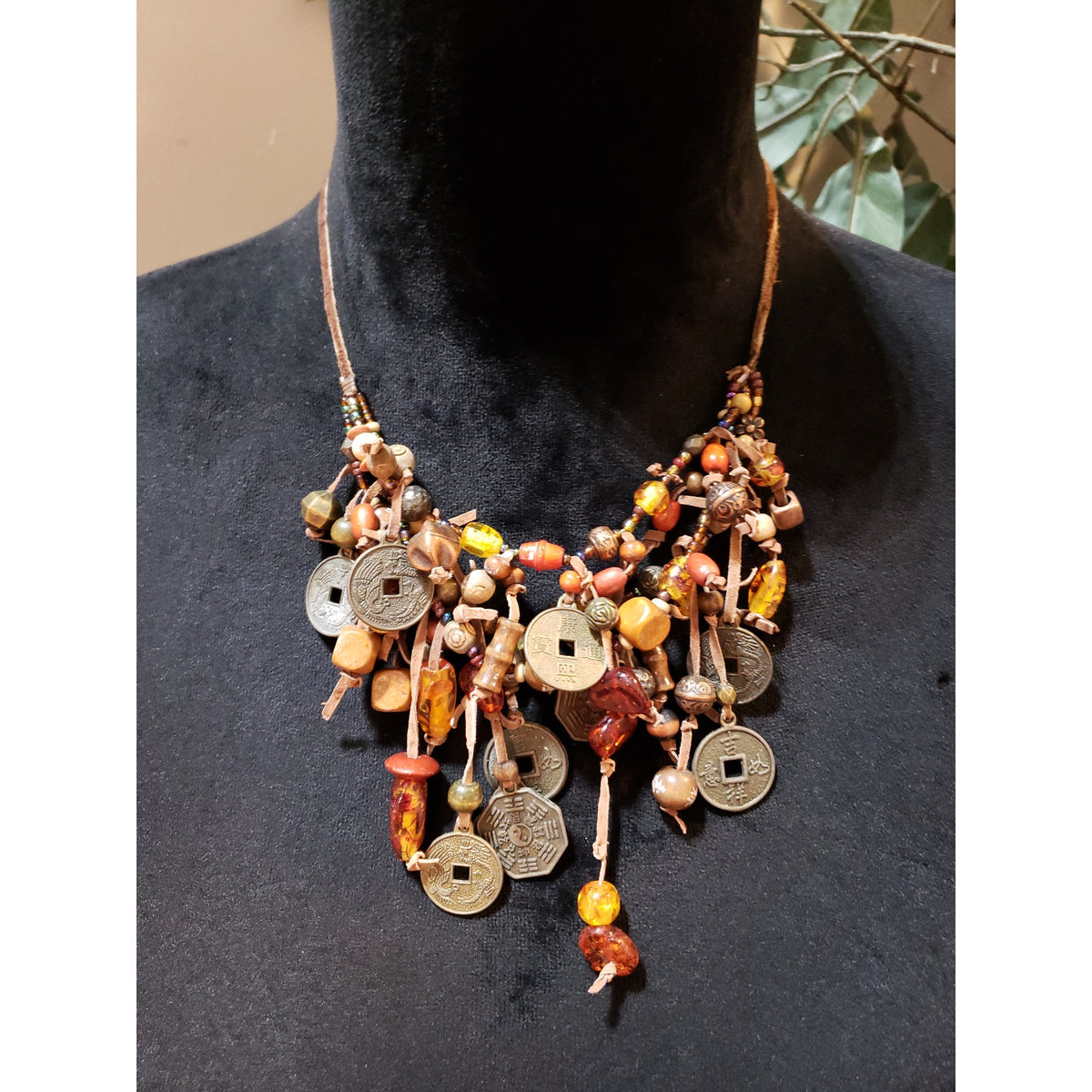 Women Boho Multi Coin Stones Beads Suede Cord Charm Cluster Bib Necklace Jewelry