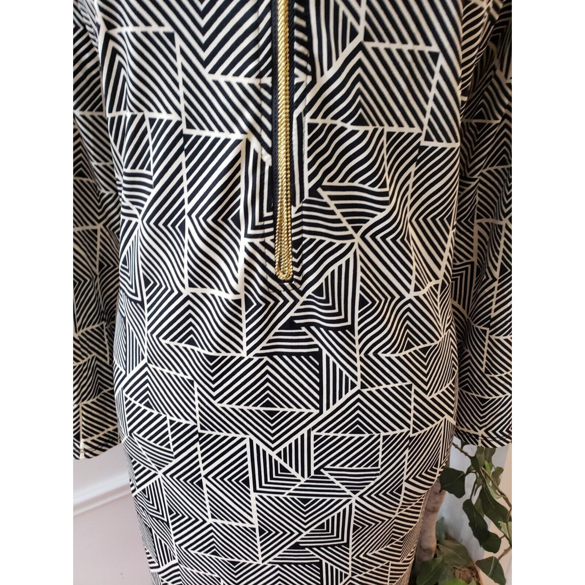 Tacera Women's Black & White Polyester V-Neck Long Sleeve Knee Length Dress XL