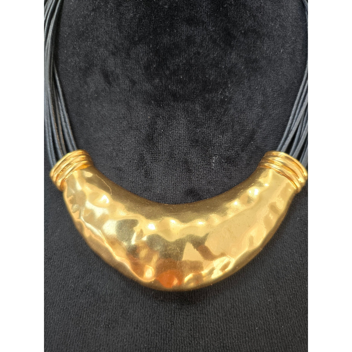 Hammered Gold Tone Crescent Bib Statement Necklace Black Multi Cord