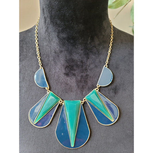Women's Statement Geometric Blue Green Resin Bib Necklace With Lobster Clasp