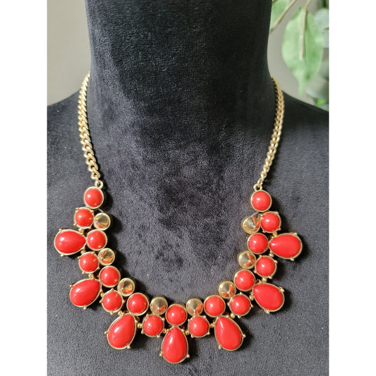 MIKA Gold Chain Necklace Red Teardrop Bead Bib Statement Jewelry Lobster Clasp
