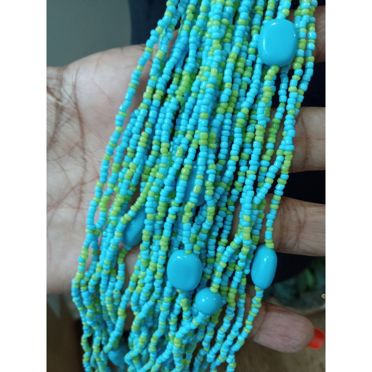 Long Turquoise Seed Bead Multi Strand Lariat Necklace Boho Statement Jewelry