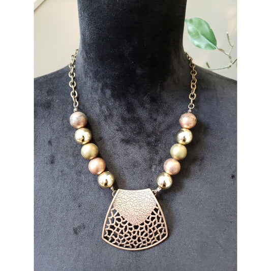 Women's Chunky Bronze Gold Ball Necklace Lobster Clasp Textured Pendant Boho