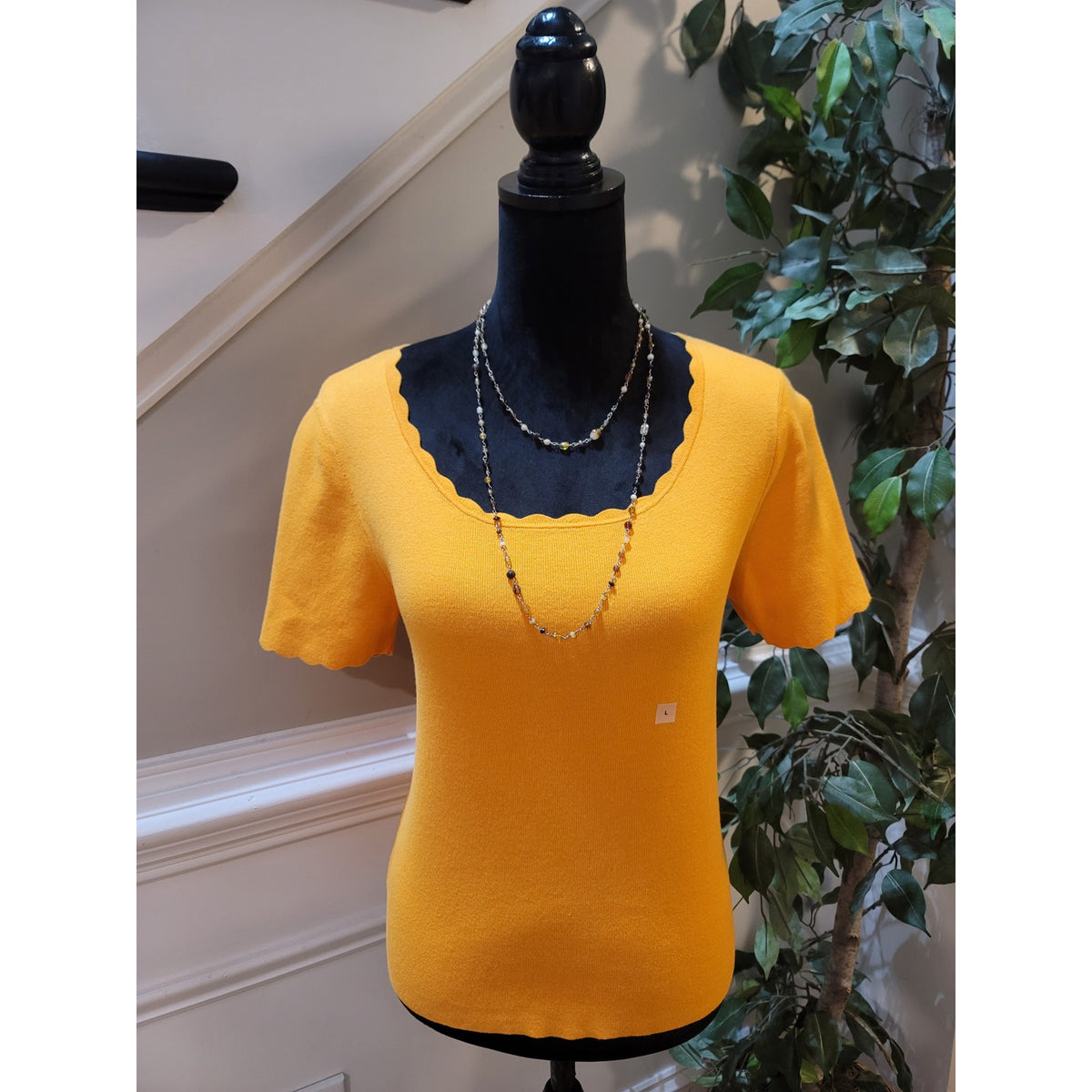 Ann Taylor Blouse Top Women's Large Yellow Scallop Trim Scoop Neck Short Sleeves