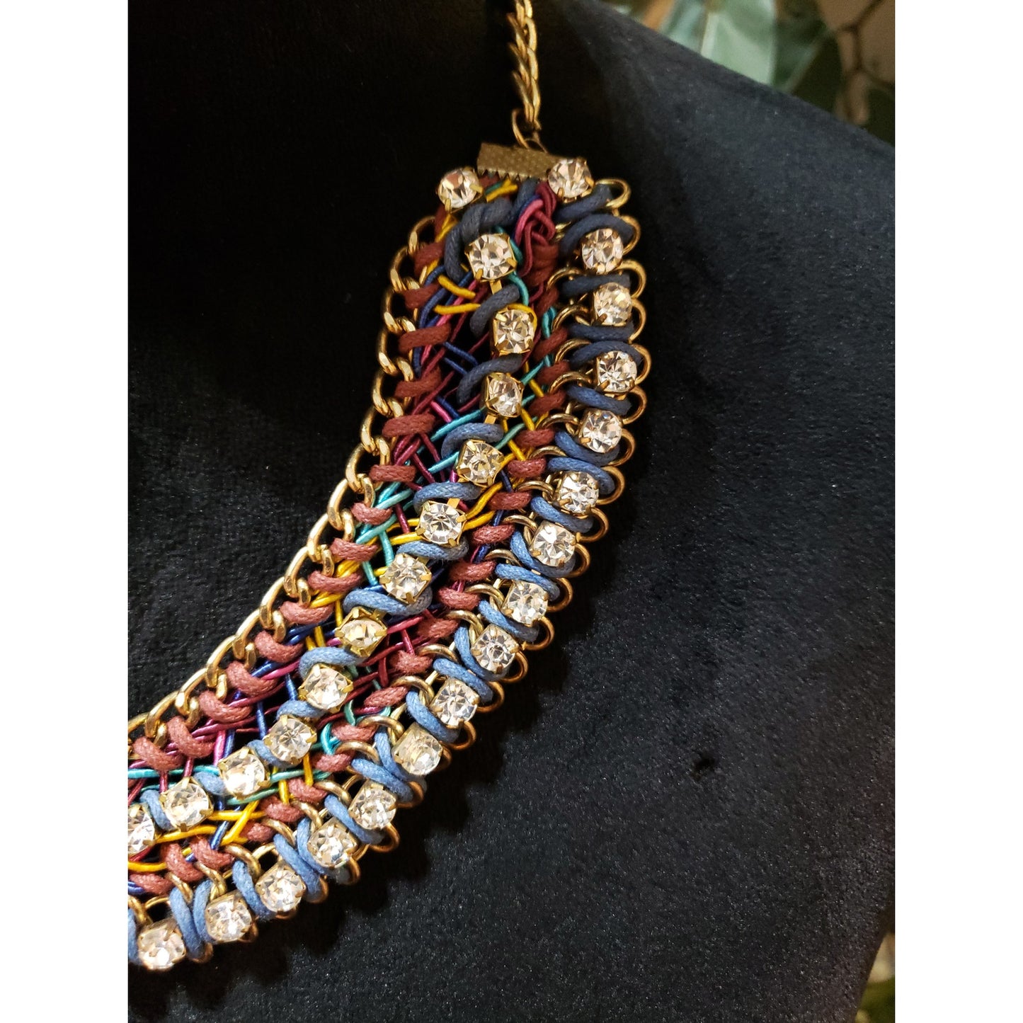 Womens Gold Metal Neon Corded Clear Rhinestone Summer Chain Mantle Necklace
