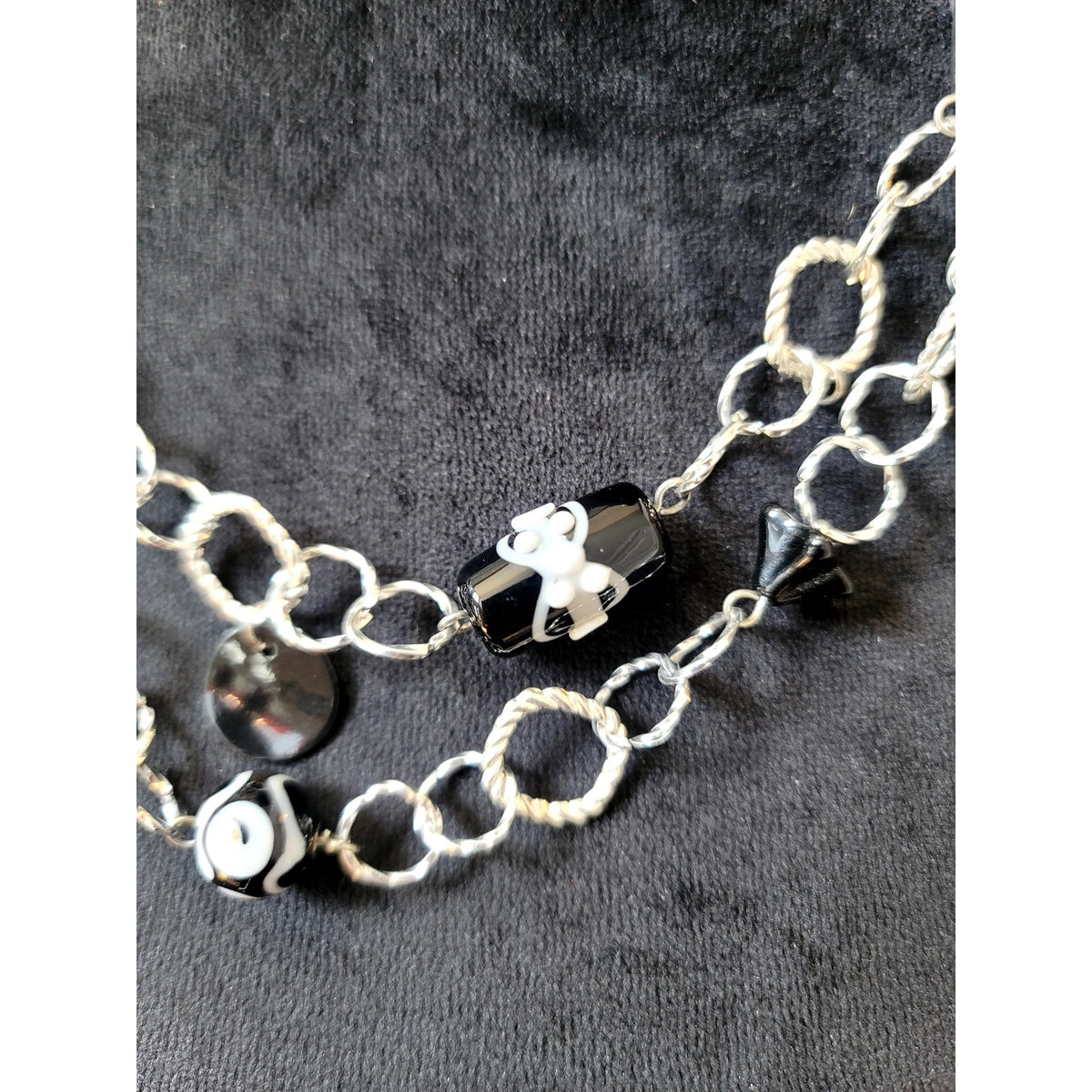 Silver Tone Black Beaded Multi-Strand Chain Necklace Layered Boho Statement