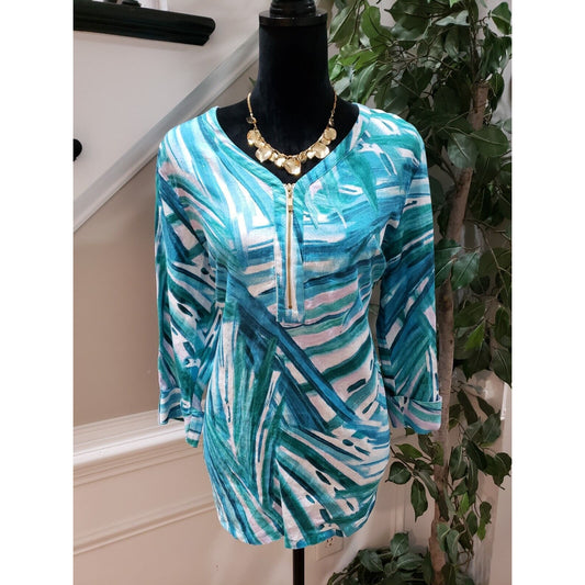 JM Collection Women's Blue Leaf Print V Neck Long Sleeve 1/2 Zip Top Blouse M