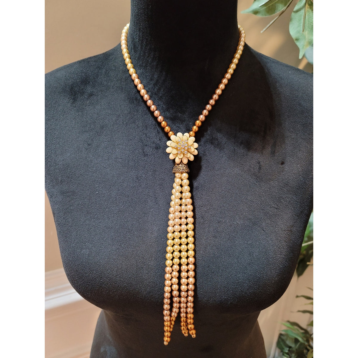Women's Multitone Pearl Tassel Necklace With Floral Pendant And Box Clasp Design