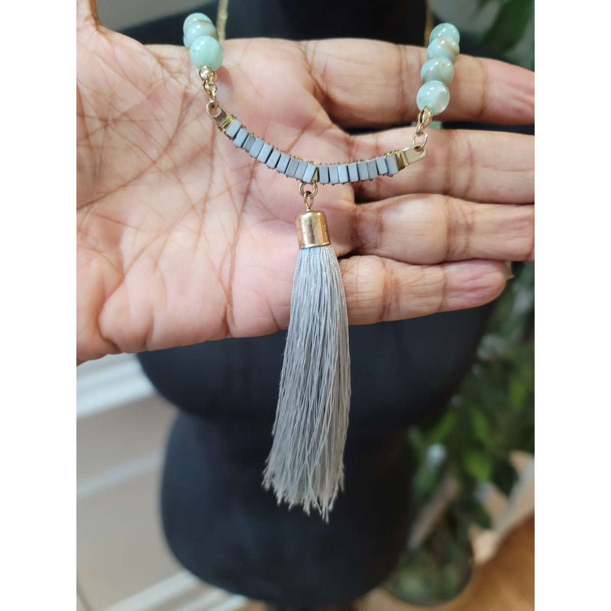 Women's Long Beaded Necklace with Tassel Pendant and Gold Chain