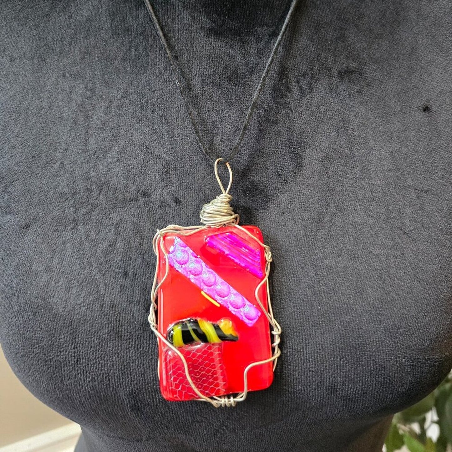 Womens Red Dichroic Dangling Square Pendant Necklace Jewelry with Lobster Clasp