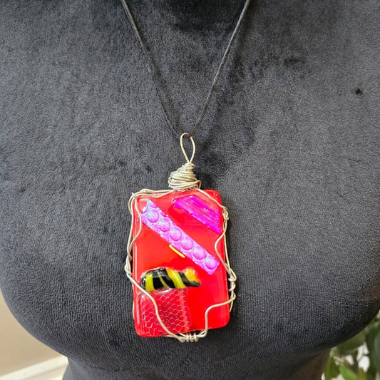 Womens Red Dichroic Dangling Square Pendant Necklace Jewelry with Lobster Clasp