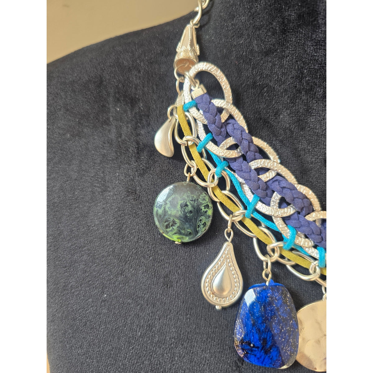 Boho Blue Green Chunky Stone Charm Statement Necklace and Bracelet Set Gold Tone