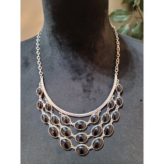 Women's Layered Black Oval Stone Necklace with Silver Chain Lobster Clasp