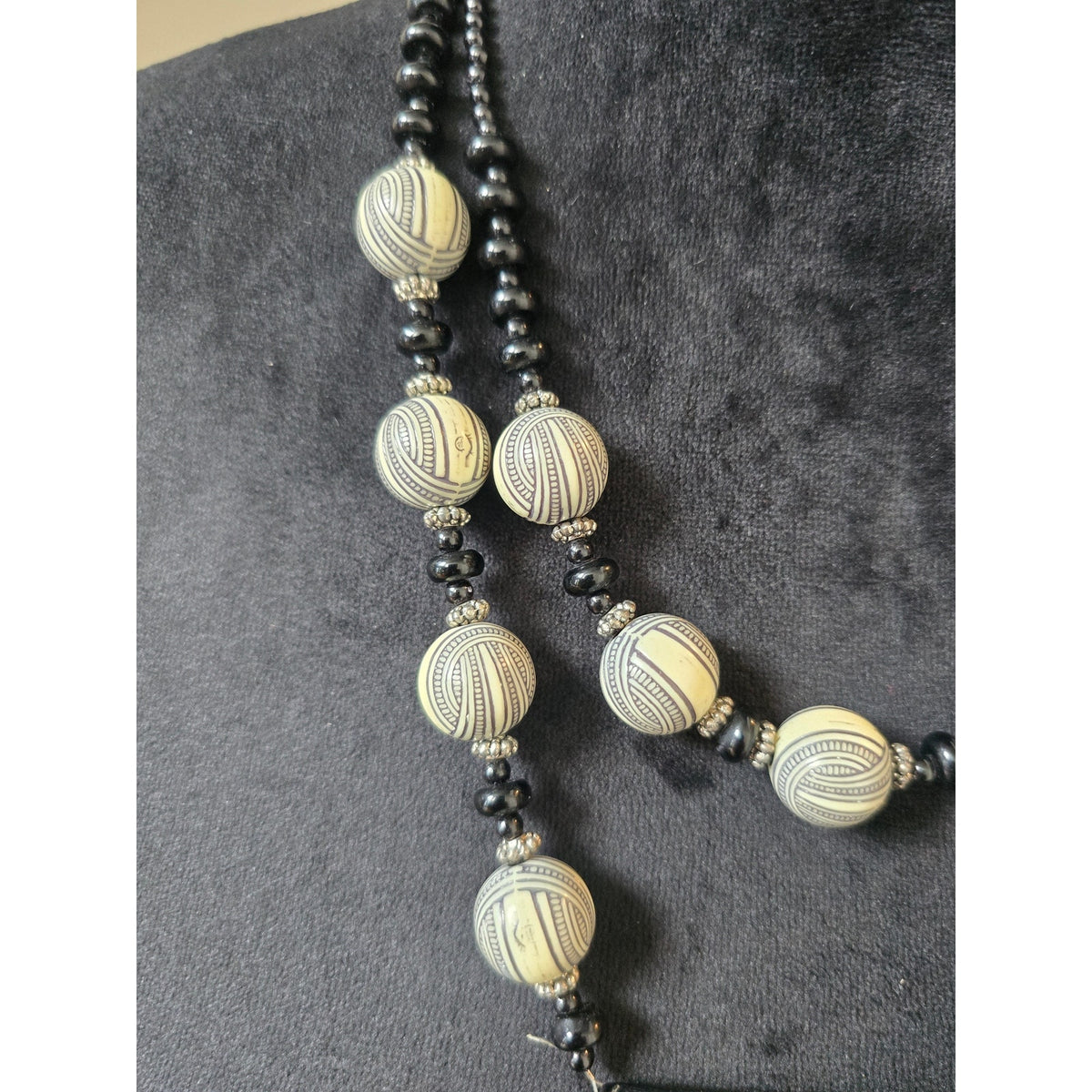 Black Cream Striped Beaded Double Strand Half Moon Pendant Necklace