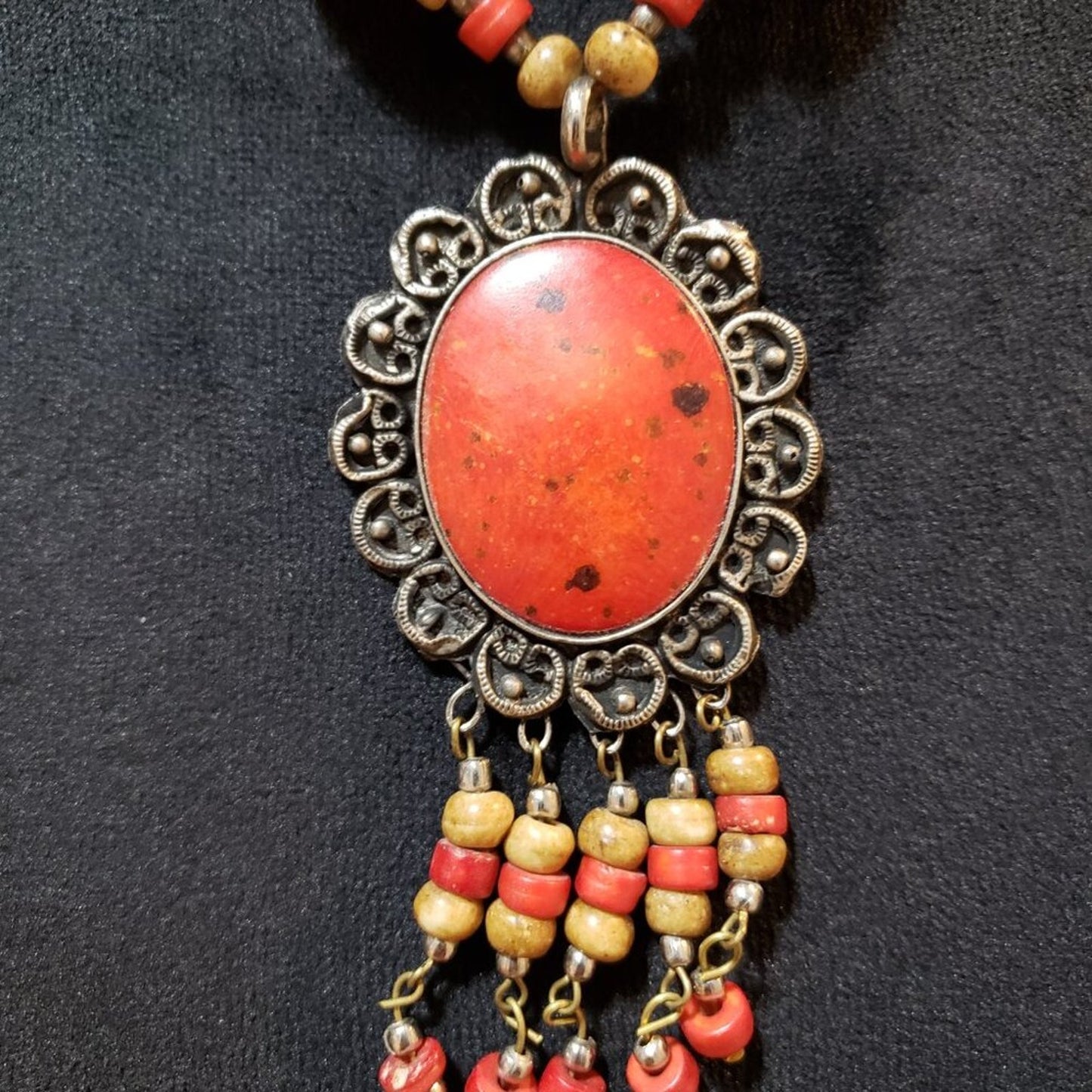 Womens Fashion Orange Beaded Kuchi Pendant Necklace with Hook & Eye Clasp