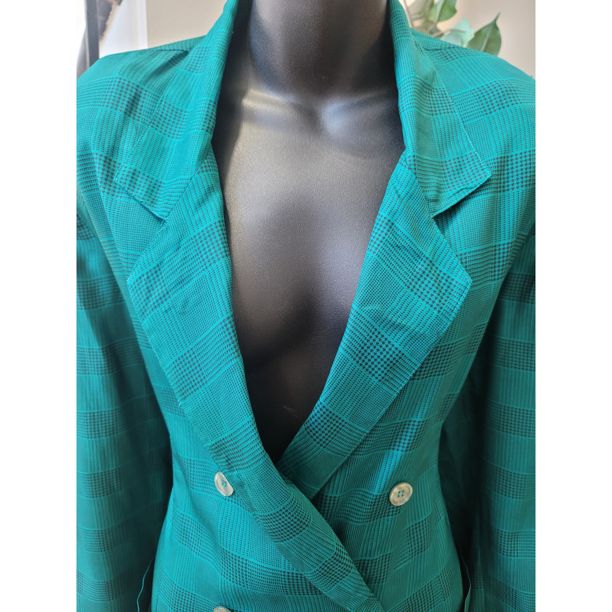 Vintage Silk Club Skirt Suit Medium Teal Green Houndstooth Plaid  Blazer