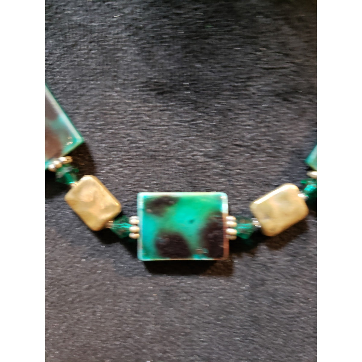 Womens Sea Blue Square Turquoise White Murano Link Stone Necklace with Lobster