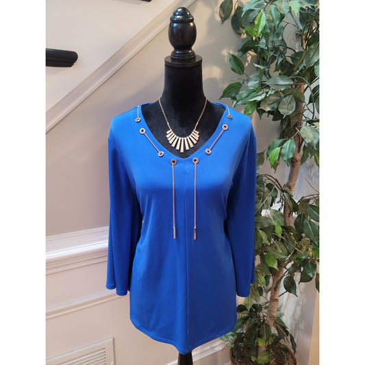Chicos Blouse 2L Royal Blue Stretch Gold Tassel V-Neck Hi-Low Hem Pullover Party