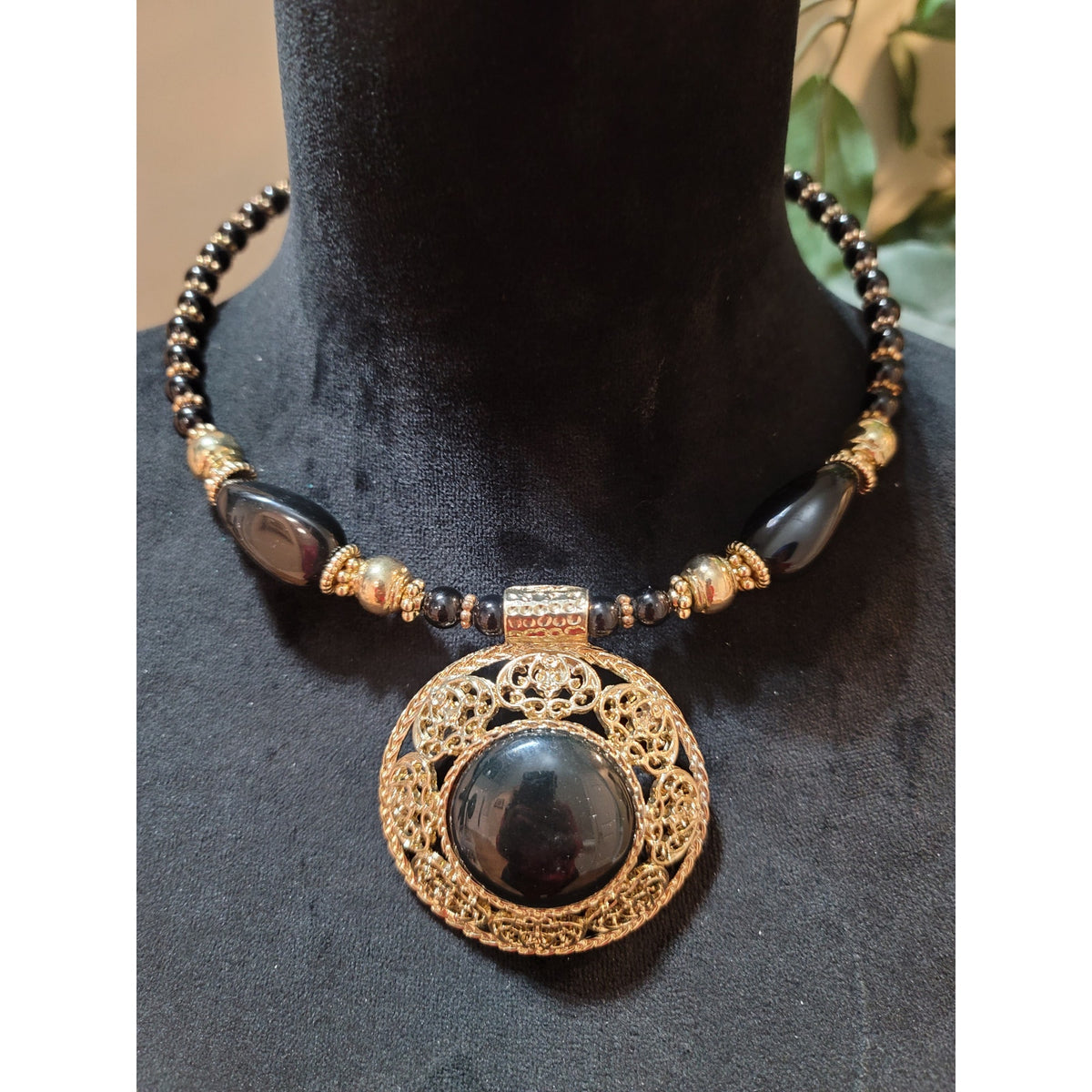 Womens Black Beaded Necklace With Large Gold Filigree Pendant By Sophia And Kate