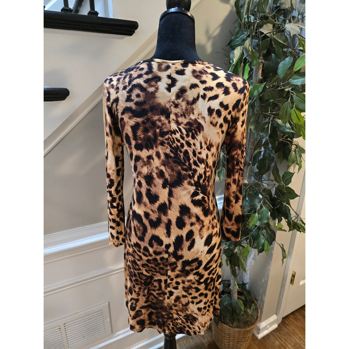 Debbie Katz Leopard Print Dress Women's Medium Brown Black V-Neck Long Sleeves