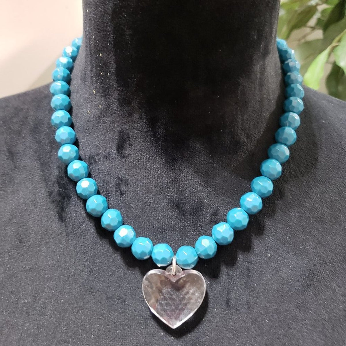 Women's Fashion Blue Turquoise Stone Beaded Big Heart Pendant Necklace