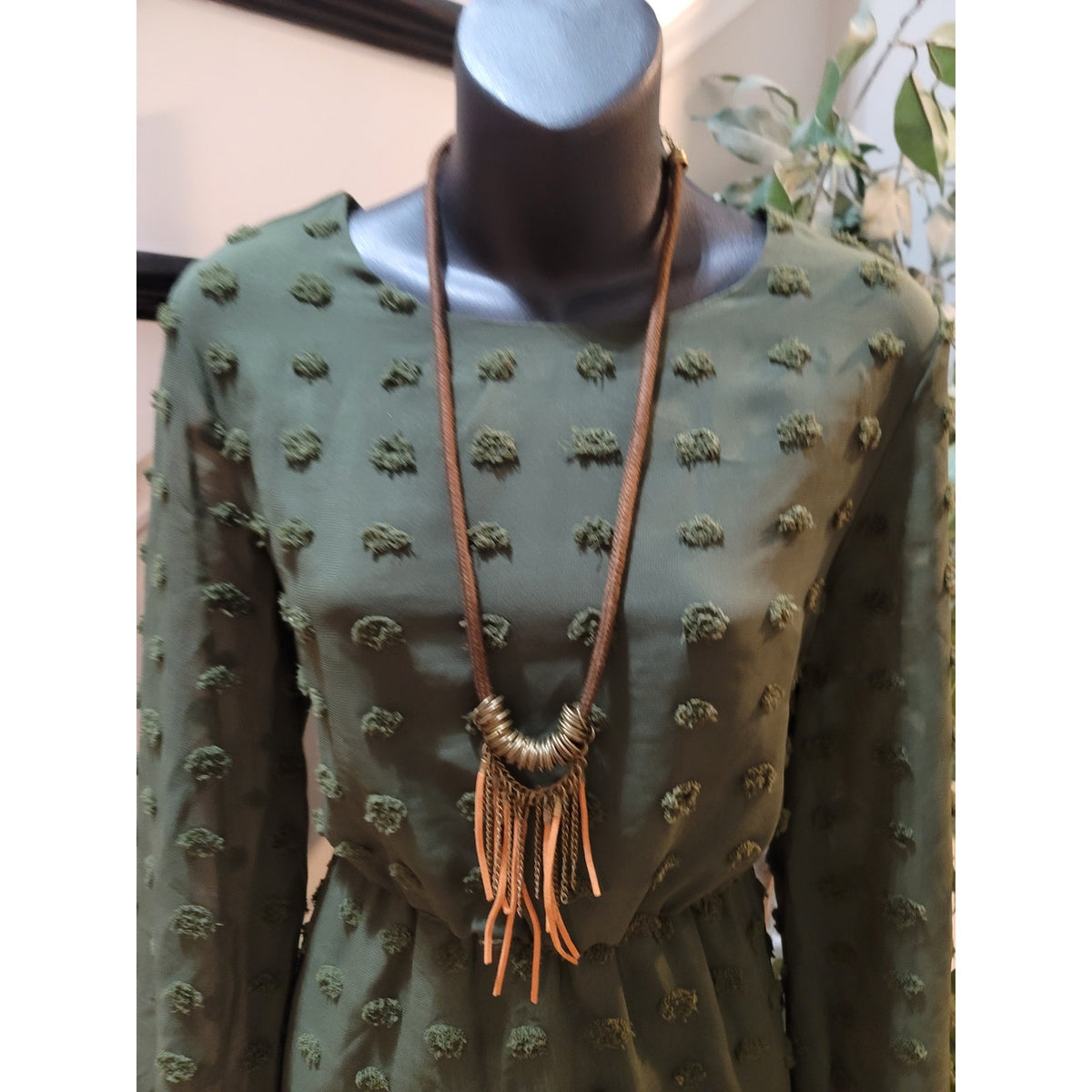 Midi Dress Women's Size Medium Army Green Polyester Blend Long Balloon Sleeves