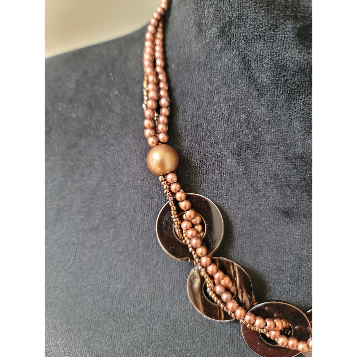 Women's Brown Beaded Statement Necklace With Lobster Clasp And Shell Discs