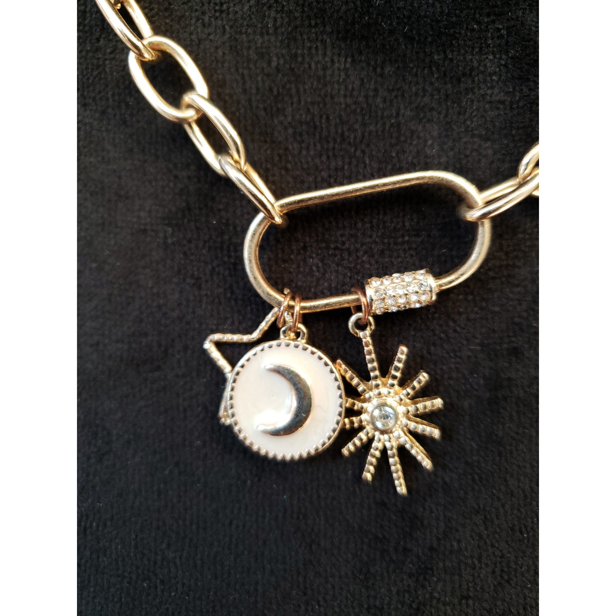Women Gold Chain Necklace Moon Sun Charm Carabiner Lock Fashion Jewelry