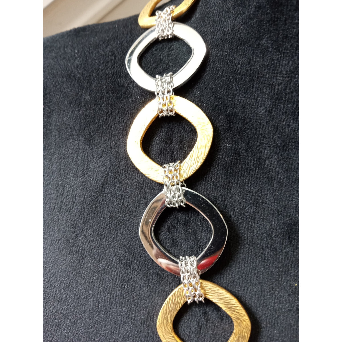 Two Tone Gold Silver Open Link Statement Necklace Rhinestone Accent Geometric