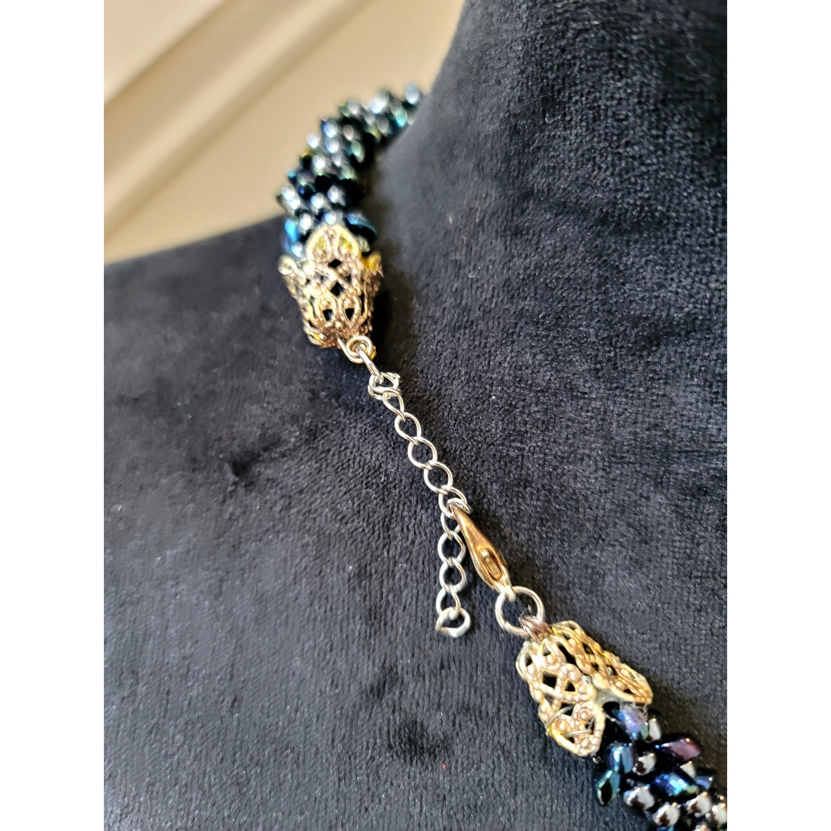 Vintage Blue Iridescent Seed Bead Twisted Necklace Handmade Statement Choker