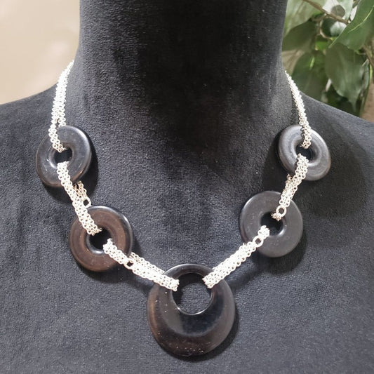 Womens Fashion Black Circle Plain Disc Silver Chains Frontal Necklace Lobster