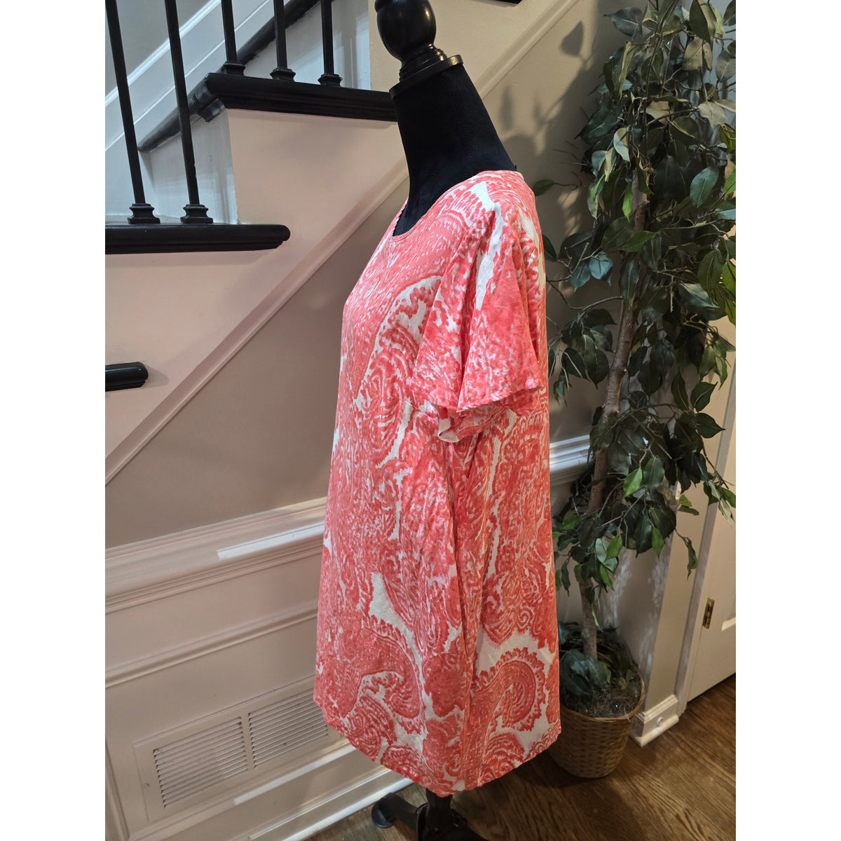 Grace Elements Shift Dress Women's SZ XL Coral Pink Paisley Back keyhole Pockets