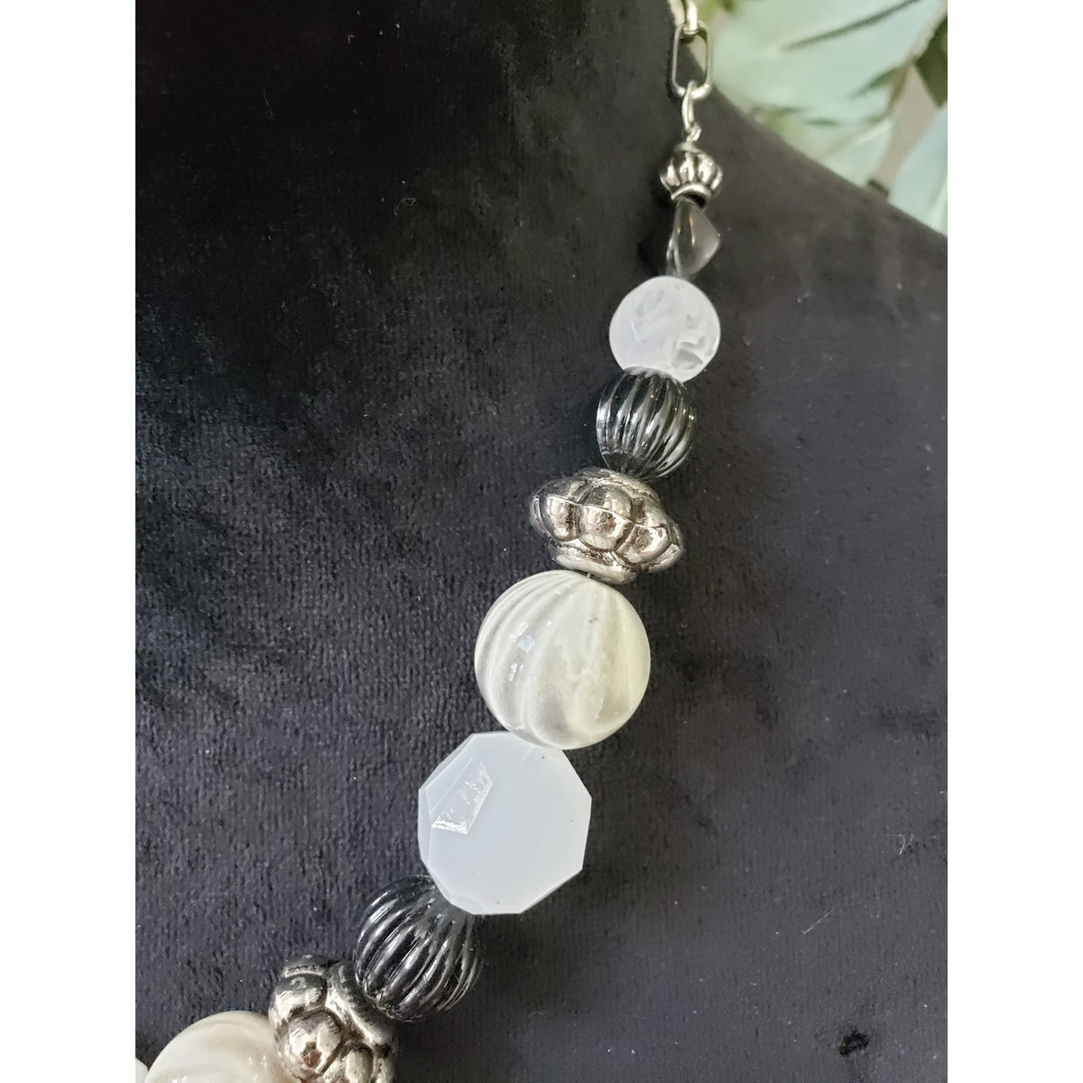 Womens Gray Silver & Black Chunky Beads Moonlight Stone Necklace with Lobster