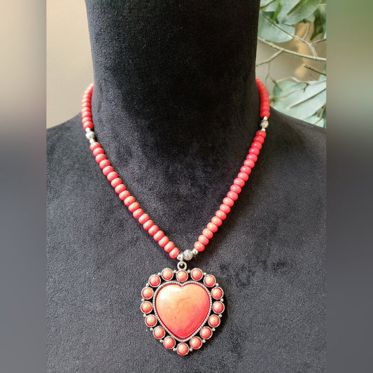 Womens Red Cracklestone Heart Pendant Beaded Chain Necklace with Lobster Clasp