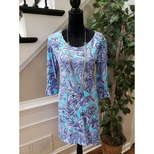 Caribbean Joe Womens Blue Cotton Round Neck Long Sleeve Knee Length Dress Medium