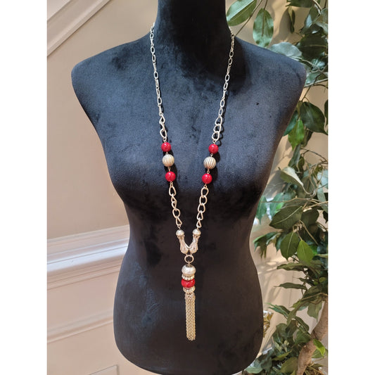 Womens Long Silver Chain Necklace With Red Beads And Tassel Pendant Lobster Lock