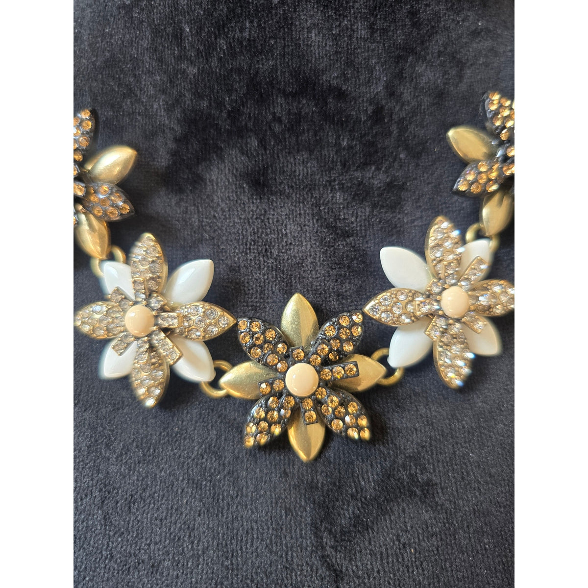 Gold Tone Ivory Floral Rhinestone Statement Necklace