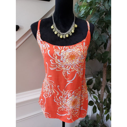 CAbi Women's Orange Floral 100% Rayon Scoop Neck Sleeveless Camisole Top Tank L