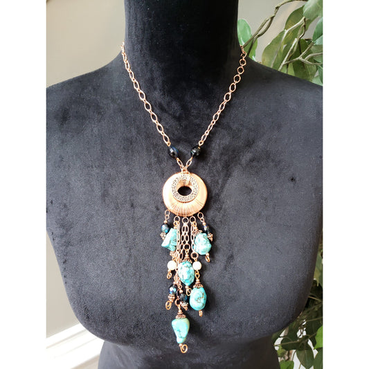 Women's Boho Turquoise Dangle Pendant Necklace Copper Chain Statement Jewelry