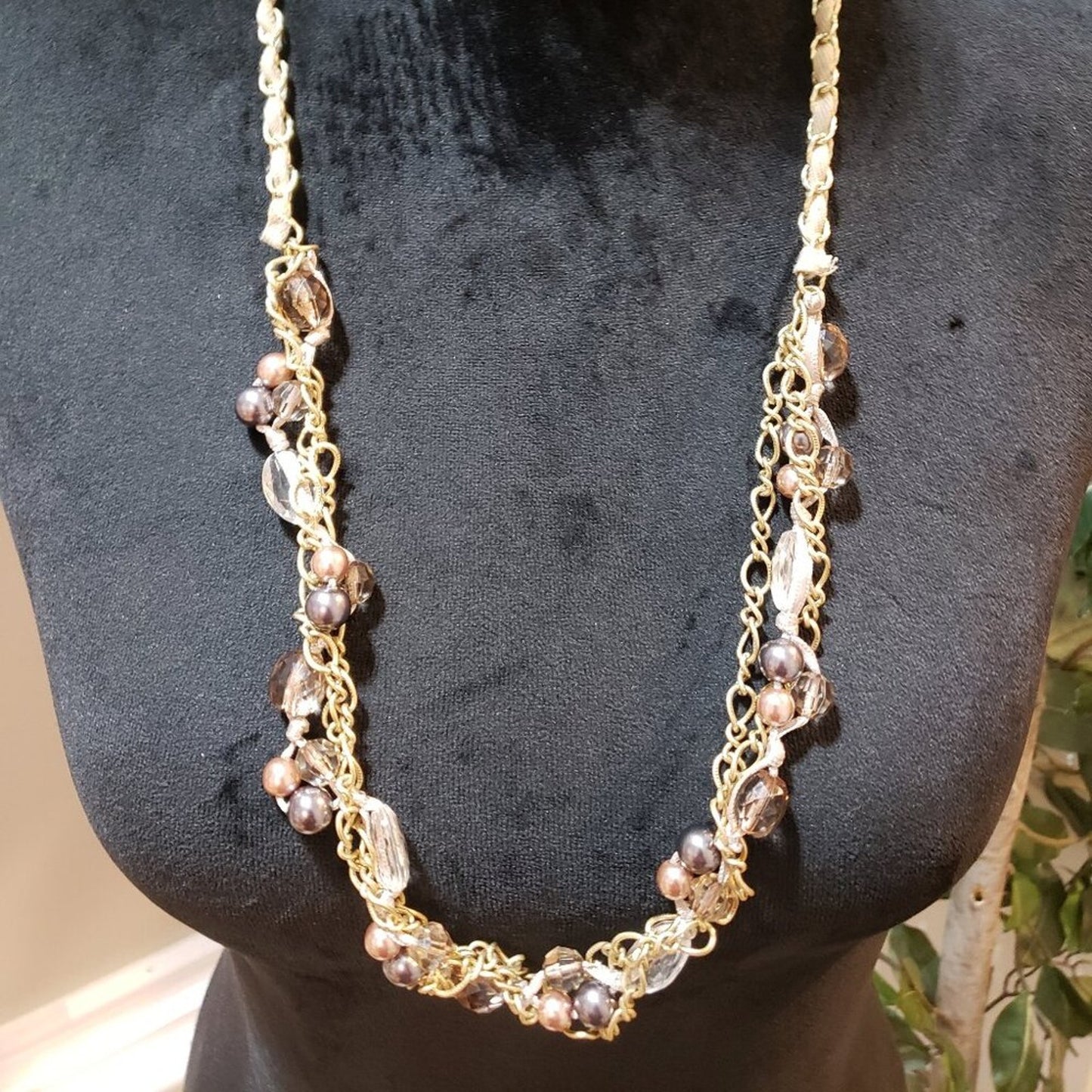 Womens Pink Brown Pearl and Crystal Beaded Necklace Jewelry with Lobster Clasp